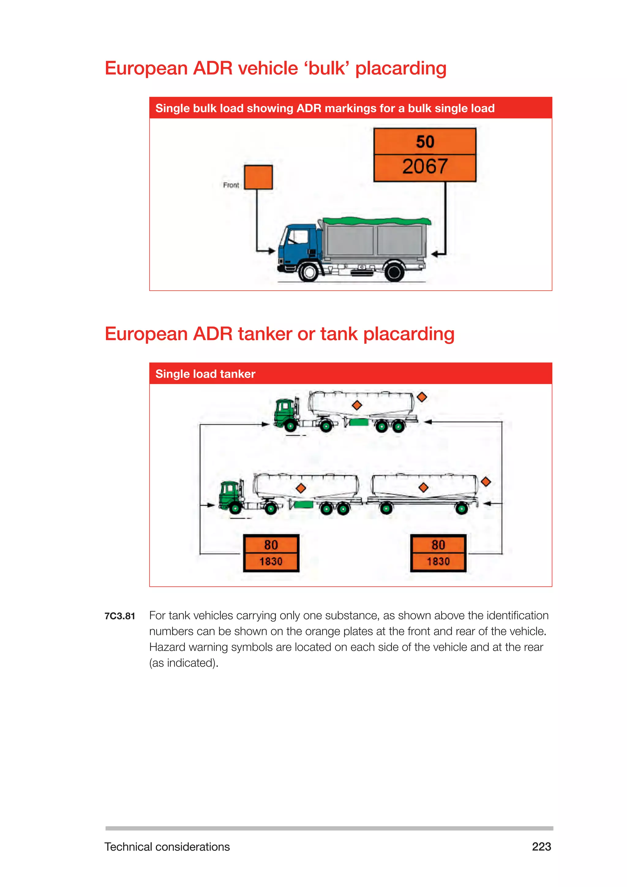 Technical considerations 223 
European ADR vehicle ‘bulk’ placarding 
Single bulk load showing ADR markings for a bulk single load 
European ADR tanker or tank placarding 
Single load tanker 
7C3.81 For tank vehicles carrying only one substance, as shown above the identification 
numbers can be shown on the orange plates at the front and rear of the vehicle. 
Hazard warning symbols are located on each side of the vehicle and at the rear 
(as indicated). 
 