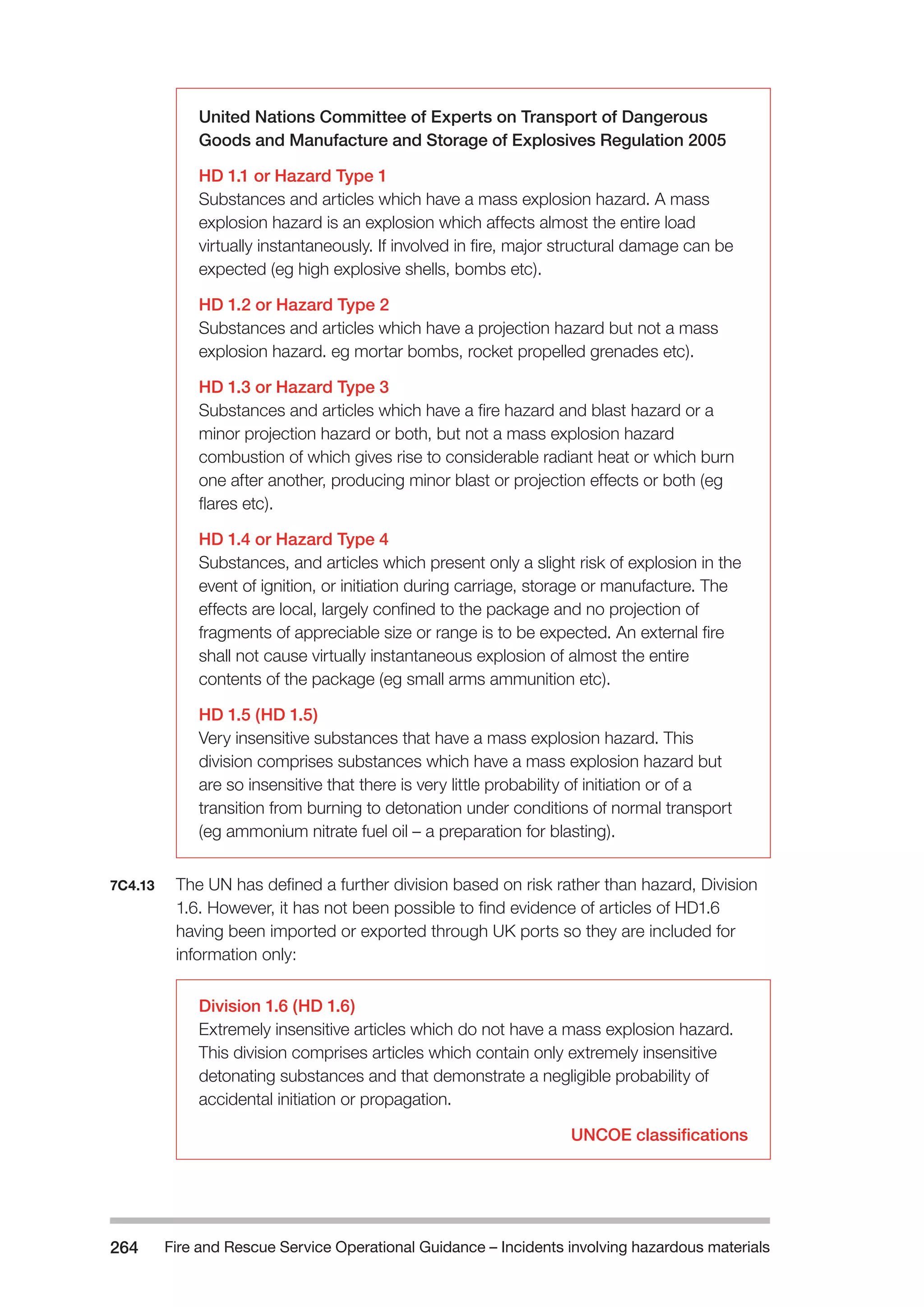 Fire and Rescue Service Operational Guidance – Incidents 264 involving hazardous materials 
United Nations Committee of Experts on Transport of Dangerous 
Goods and Manufacture and Storage of Explosives Regulation 2005 
HD 1.1 or Hazard Type 1 
Substances and articles which have a mass explosion hazard. A mass 
explosion hazard is an explosion which affects almost the entire load 
virtually instantaneously. If involved in fire, major structural damage can be 
expected (eg high explosive shells, bombs etc). 
HD 1.2 or Hazard Type 2 
Substances and articles which have a projection hazard but not a mass 
explosion hazard. eg mortar bombs, rocket propelled grenades etc). 
HD 1.3 or Hazard Type 3 
Substances and articles which have a fire hazard and blast hazard or a 
minor projection hazard or both, but not a mass explosion hazard 
combustion of which gives rise to considerable radiant heat or which burn 
one after another, producing minor blast or projection effects or both (eg 
flares etc). 
HD 1.4 or Hazard Type 4 
Substances, and articles which present only a slight risk of explosion in the 
event of ignition, or initiation during carriage, storage or manufacture. The 
effects are local, largely confined to the package and no projection of 
fragments of appreciable size or range is to be expected. An external fire 
shall not cause virtually instantaneous explosion of almost the entire 
contents of the package (eg small arms ammunition etc). 
HD 1.5 (HD 1.5) 
Very insensitive substances that have a mass explosion hazard. This 
division comprises substances which have a mass explosion hazard but 
are so insensitive that there is very little probability of initiation or of a 
transition from burning to detonation under conditions of normal transport 
(eg ammonium nitrate fuel oil – a preparation for blasting). 
7C4.13 The UN has defined a further division based on risk rather than hazard, Division 
1.6. However, it has not been possible to find evidence of articles of HD1.6 
having been imported or exported through UK ports so they are included for 
information only: 
Division 1.6 (HD 1.6) 
Extremely insensitive articles which do not have a mass explosion hazard. 
This division comprises articles which contain only extremely insensitive 
detonating substances and that demonstrate a negligible probability of 
accidental initiation or propagation. 
UNCOE classifications 
 
