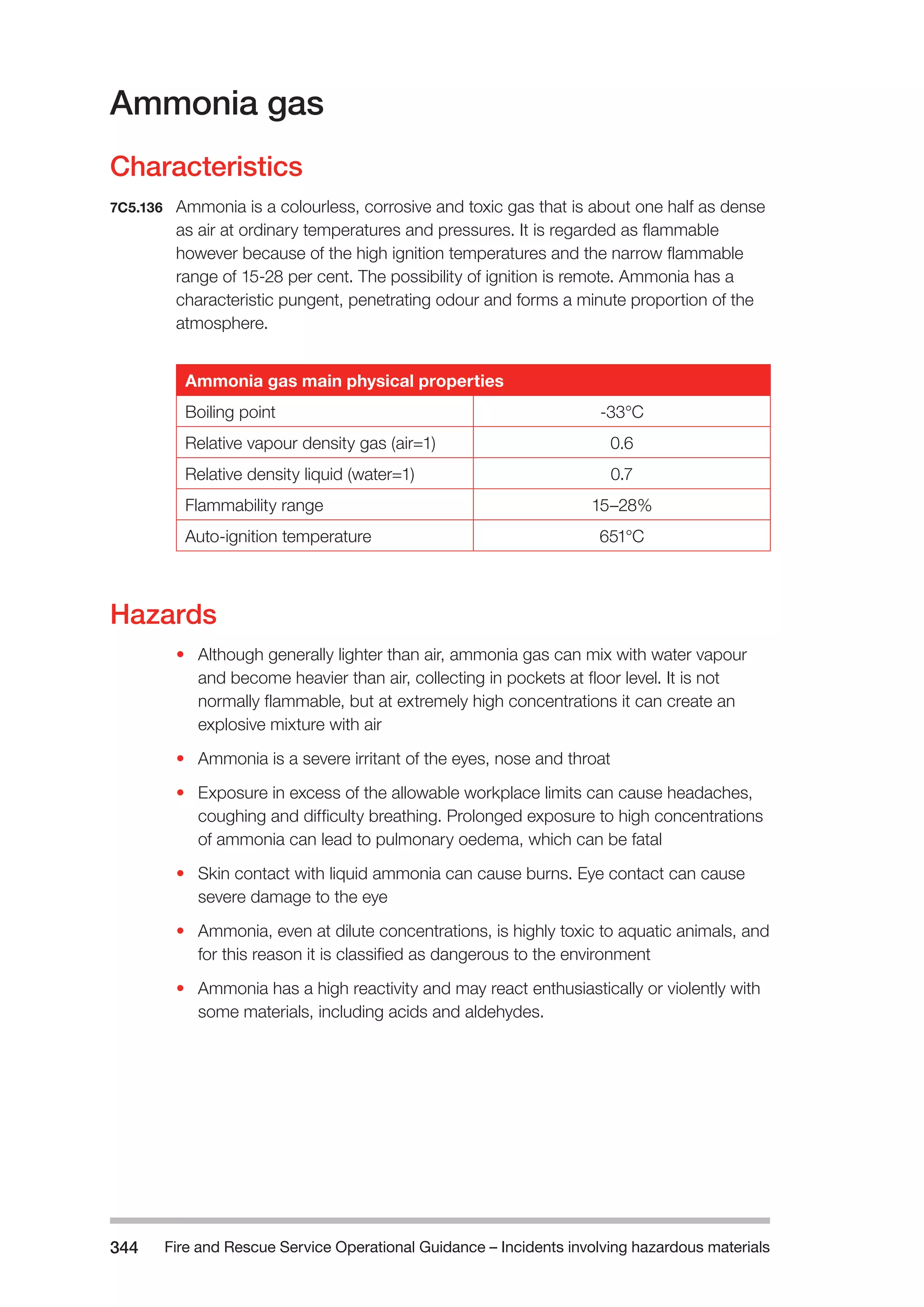 Fire and Rescue Service Operational Guidance – Incidents 344 involving hazardous materials 
Ammonia gas 
Characteristics 
7C5.136 Ammonia is a colourless, corrosive and toxic gas that is about one half as dense 
as air at ordinary temperatures and pressures. It is regarded as flammable 
however because of the high ignition temperatures and the narrow flammable 
range of 15-28 per cent. The possibility of ignition is remote. Ammonia has a 
characteristic pungent, penetrating odour and forms a minute proportion of the 
atmosphere. 
Ammonia gas main physical properties 
Boiling point -33°C 
Relative vapour density gas (air=1) 0.6 
Relative density liquid (water=1) 0.7 
Flammability range 15–28% 
Auto-ignition temperature 651°C 
Hazards 
• Although generally lighter than air, ammonia gas can mix with water vapour 
and become heavier than air, collecting in pockets at floor level. It is not 
normally flammable, but at extremely high concentrations it can create an 
explosive mixture with air 
• Ammonia is a severe irritant of the eyes, nose and throat 
• Exposure in excess of the allowable workplace limits can cause headaches, 
coughing and difficulty breathing. Prolonged exposure to high concentrations 
of ammonia can lead to pulmonary oedema, which can be fatal 
• Skin contact with liquid ammonia can cause burns. Eye contact can cause 
severe damage to the eye 
• Ammonia, even at dilute concentrations, is highly toxic to aquatic animals, and 
for this reason it is classified as dangerous to the environment 
• Ammonia has a high reactivity and may react enthusiastically or violently with 
some materials, including acids and aldehydes. 
 