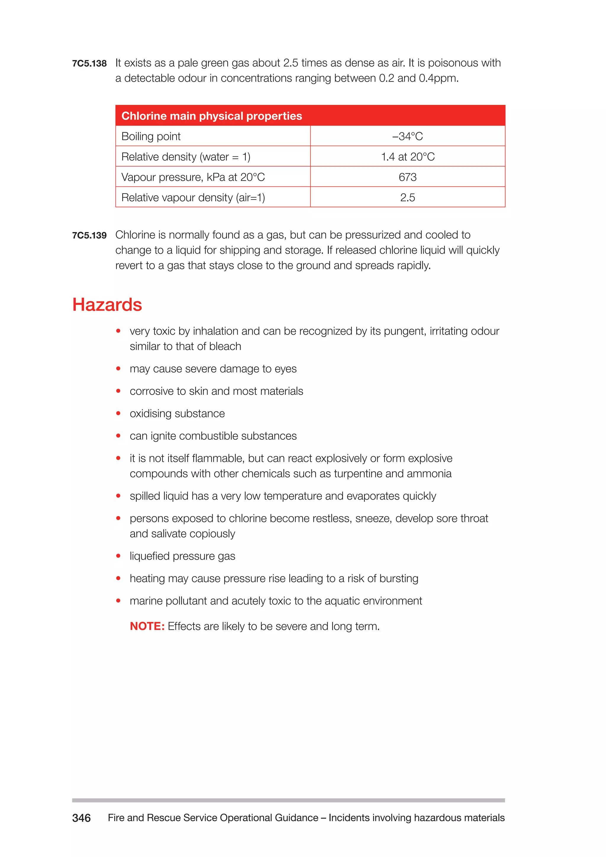 Fire and Rescue Service Operational Guidance – Incidents 346 involving hazardous materials 
7C5.138 It exists as a pale green gas about 2.5 times as dense as air. It is poisonous with 
a detectable odour in concentrations ranging between 0.2 and 0.4ppm. 
Chlorine main physical properties 
Boiling point –34°C 
Relative density (water = 1) 1.4 at 20°C 
Vapour pressure, kPa at 20°C 673 
Relative vapour density (air=1) 2.5 
7C5.139 Chlorine is normally found as a gas, but can be pressurized and cooled to 
change to a liquid for shipping and storage. If released chlorine liquid will quickly 
revert to a gas that stays close to the ground and spreads rapidly. 
Hazards 
• very toxic by inhalation and can be recognized by its pungent, irritating odour 
similar to that of bleach 
• may cause severe damage to eyes 
• corrosive to skin and most materials 
• oxidising substance 
• can ignite combustible substances 
• it is not itself flammable, but can react explosively or form explosive 
compounds with other chemicals such as turpentine and ammonia 
• spilled liquid has a very low temperature and evaporates quickly 
• persons exposed to chlorine become restless, sneeze, develop sore throat 
and salivate copiously 
• liquefied pressure gas 
• heating may cause pressure rise leading to a risk of bursting 
• marine pollutant and acutely toxic to the aquatic environment 
NOTE: Effects are likely to be severe and long term. 
 
