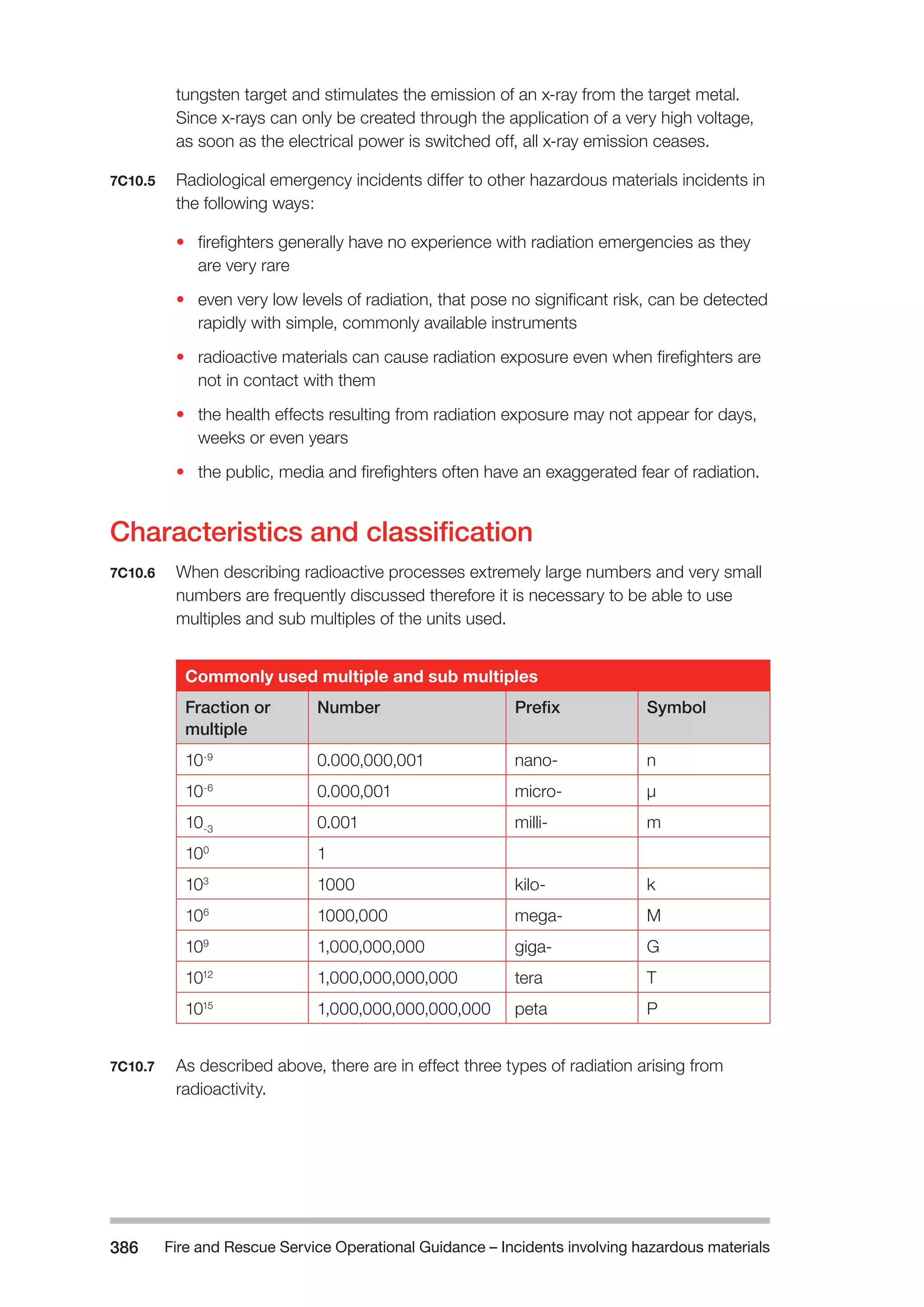 Fire and Rescue Service Operational Guidance – Incidents 386 involving hazardous materials 
tungsten target and stimulates the emission of an x-ray from the target metal. 
Since x-rays can only be created through the application of a very high voltage, 
as soon as the electrical power is switched off, all x-ray emission ceases. 
7C10.5 Radiological emergency incidents differ to other hazardous materials incidents in 
the following ways: 
• firefighters generally have no experience with radiation emergencies as they 
are very rare 
• even very low levels of radiation, that pose no significant risk, can be detected 
rapidly with simple, commonly available instruments 
• radioactive materials can cause radiation exposure even when firefighters are 
not in contact with them 
• the health effects resulting from radiation exposure may not appear for days, 
weeks or even years 
• the public, media and firefighters often have an exaggerated fear of radiation. 
Characteristics and classification 
7C10.6 When describing radioactive processes extremely large numbers and very small 
numbers are frequently discussed therefore it is necessary to be able to use 
multiples and sub multiples of the units used. 
Commonly used multiple and sub multiples 
Fraction or 
multiple 
Number Prefix Symbol 
10-9 0.000,000,001 nano- n 
10-6 0.000,001 micro- μ 
10-3 0.001 milli- m 
100 1 
103 1000 kilo- k 
106 1000,000 mega- M 
109 1,000,000,000 giga- G 
1012 1,000,000,000,000 tera T 
1015 1,000,000,000,000,000 peta P 
7C10.7 As described above, there are in effect three types of radiation arising from 
radioactivity. 
 
