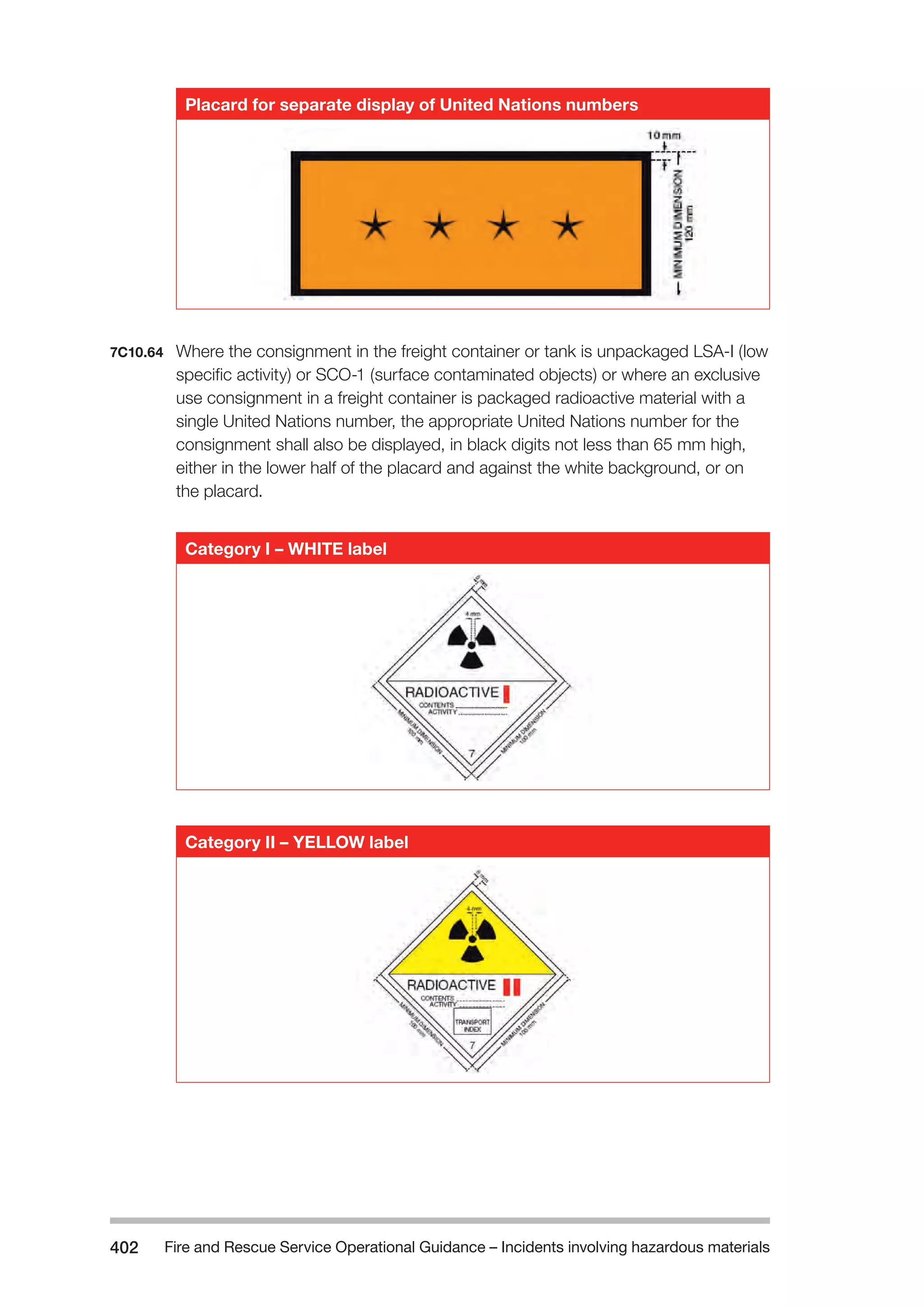 Fire and Rescue Service Operational Guidance – Incidents 402 involving hazardous materials 
Placard for separate display of United Nations numbers 
7C10.64 Where the consignment in the freight container or tank is unpackaged LSA-I (low 
specific activity) or SCO-1 (surface contaminated objects) or where an exclusive 
use consignment in a freight container is packaged radioactive material with a 
single United Nations number, the appropriate United Nations number for the 
consignment shall also be displayed, in black digits not less than 65 mm high, 
either in the lower half of the placard and against the white background, or on 
the placard. 
Category I – WHITE label 
Category II – YELLOW label 
 