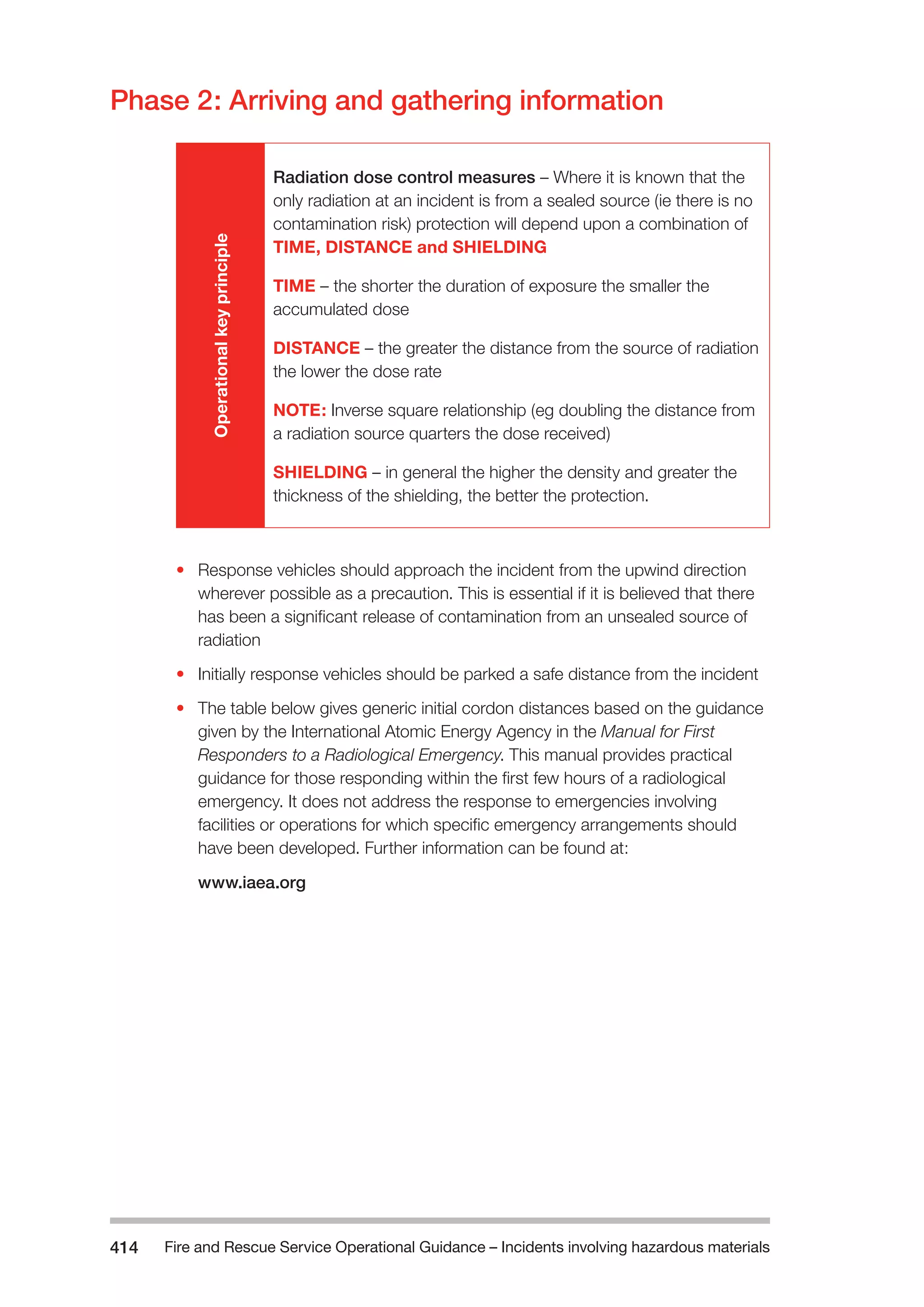 Fire and Rescue Service Operational Guidance – Incidents 414 involving hazardous materials 
Phase 2: Arriving and gathering information 
Operational key principle 
Radiation dose control measures – Where it is known that the 
only radiation at an incident is from a sealed source (ie there is no 
contamination risk) protection will depend upon a combination of 
TIME, DISTANCE and SHIELDING 
TIME – the shorter the duration of exposure the smaller the 
accumulated dose 
DISTANCE – the greater the distance from the source of radiation 
the lower the dose rate 
NOTE: Inverse square relationship (eg doubling the distance from 
a radiation source quarters the dose received) 
SHIELDING – in general the higher the density and greater the 
thickness of the shielding, the better the protection. 
• Response vehicles should approach the incident from the upwind direction 
wherever possible as a precaution. This is essential if it is believed that there 
has been a significant release of contamination from an unsealed source of 
radiation 
• Initially response vehicles should be parked a safe distance from the incident 
• The table below gives generic initial cordon distances based on the guidance 
given by the International Atomic Energy Agency in the Manual for First 
Responders to a Radiological Emergency. This manual provides practical 
guidance for those responding within the first few hours of a radiological 
emergency. It does not address the response to emergencies involving 
facilities or operations for which specific emergency arrangements should 
have been developed. Further information can be found at: 
www.iaea.org 
 