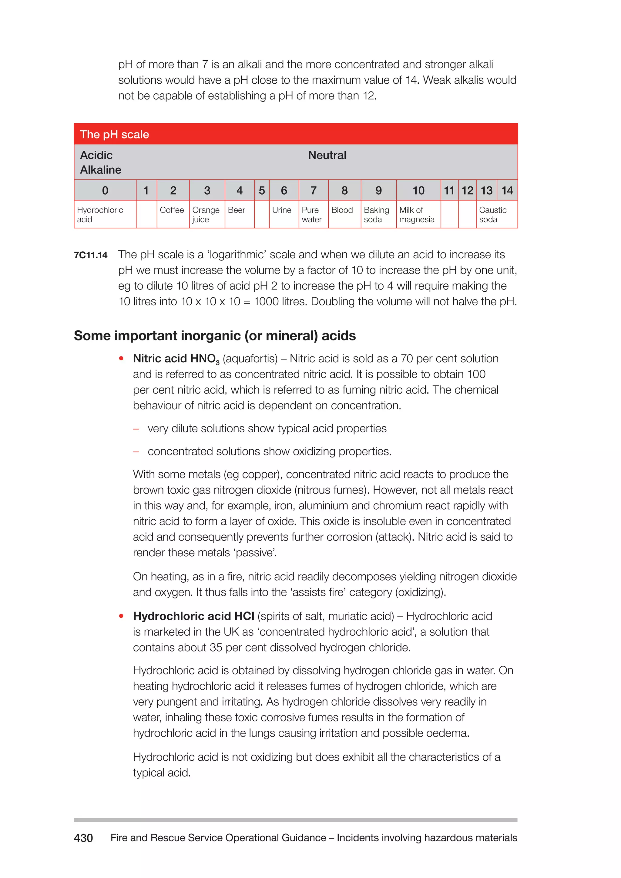 Fire and Rescue Service Operational Guidance – Incidents 430 involving hazardous materials 
pH of more than 7 is an alkali and the more concentrated and stronger alkali 
solutions would have a pH close to the maximum value of 14. Weak alkalis would 
not be capable of establishing a pH of more than 12. 
The pH scale 
Acidic Neutral 
Alkaline 
0 1 2 3 4 5 6 7 8 9 10 11 12 13 14 
Hydrochloric 
acid 
Coffee Orange 
juice 
Beer Urine Pure 
water 
Blood Baking 
soda 
Milk of 
magnesia 
Caustic 
soda 
7C11.14 The pH scale is a ‘logarithmic’ scale and when we dilute an acid to increase its 
pH we must increase the volume by a factor of 10 to increase the pH by one unit, 
eg to dilute 10 litres of acid pH 2 to increase the pH to 4 will require making the 
10 litres into 10 x 10 x 10 = 1000 litres. Doubling the volume will not halve the pH. 
Some important inorganic (or mineral) acids 
• Nitric acid HNO3 (aquafortis) – Nitric acid is sold as a 70 per cent solution 
and is referred to as concentrated nitric acid. It is possible to obtain 100 
per cent nitric acid, which is referred to as fuming nitric acid. The chemical 
behaviour of nitric acid is dependent on concentration. 
–– very dilute solutions show typical acid properties 
–– concentrated solutions show oxidizing properties. 
With some metals (eg copper), concentrated nitric acid reacts to produce the 
brown toxic gas nitrogen dioxide (nitrous fumes). However, not all metals react 
in this way and, for example, iron, aluminium and chromium react rapidly with 
nitric acid to form a layer of oxide. This oxide is insoluble even in concentrated 
acid and consequently prevents further corrosion (attack). Nitric acid is said to 
render these metals ‘passive’. 
On heating, as in a fire, nitric acid readily decomposes yielding nitrogen dioxide 
and oxygen. It thus falls into the ‘assists fire’ category (oxidizing). 
• Hydrochloric acid HCl (spirits of salt, muriatic acid) – Hydrochloric acid 
is marketed in the UK as ‘concentrated hydrochloric acid’, a solution that 
contains about 35 per cent dissolved hydrogen chloride. 
Hydrochloric acid is obtained by dissolving hydrogen chloride gas in water. On 
heating hydrochloric acid it releases fumes of hydrogen chloride, which are 
very pungent and irritating. As hydrogen chloride dissolves very readily in 
water, inhaling these toxic corrosive fumes results in the formation of 
hydrochloric acid in the lungs causing irritation and possible oedema. 
Hydrochloric acid is not oxidizing but does exhibit all the characteristics of a 
typical acid. 
 