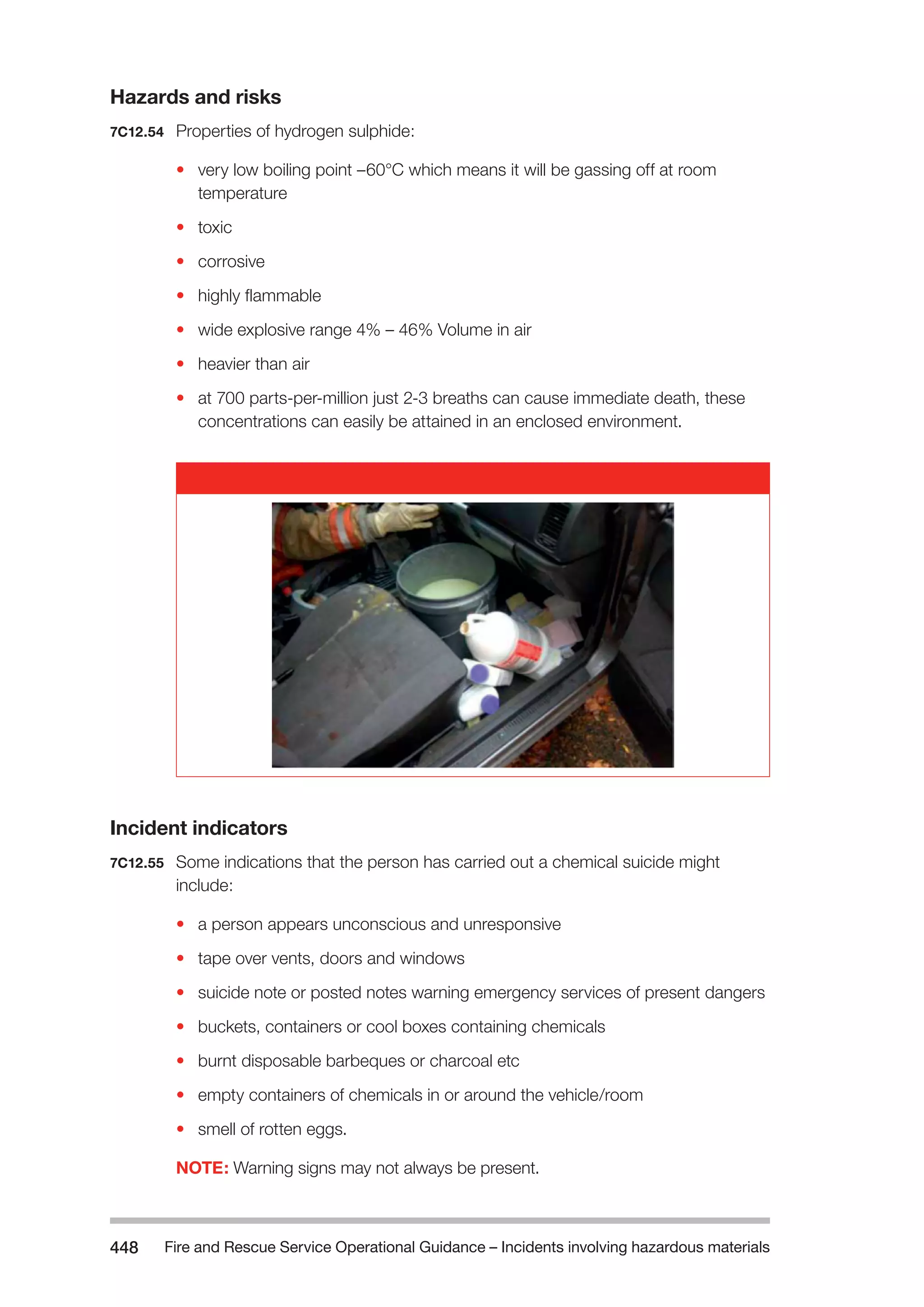 Fire and Rescue Service Operational Guidance – Incidents 448 involving hazardous materials 
Hazards and risks 
7C12.54 Properties of hydrogen sulphide: 
• very low boiling point –60°C which means it will be gassing off at room 
temperature 
• toxic 
• corrosive 
• highly flammable 
• wide explosive range 4% – 46% Volume in air 
• heavier than air 
• at 700 parts-per-million just 2-3 breaths can cause immediate death, these 
concentrations can easily be attained in an enclosed environment. 
Incident indicators 
7C12.55 Some indications that the person has carried out a chemical suicide might 
include: 
• a person appears unconscious and unresponsive 
• tape over vents, doors and windows 
• suicide note or posted notes warning emergency services of present dangers 
• buckets, containers or cool boxes containing chemicals 
• burnt disposable barbeques or charcoal etc 
• empty containers of chemicals in or around the vehicle/room 
• smell of rotten eggs. 
NOTE: Warning signs may not always be present. 
 