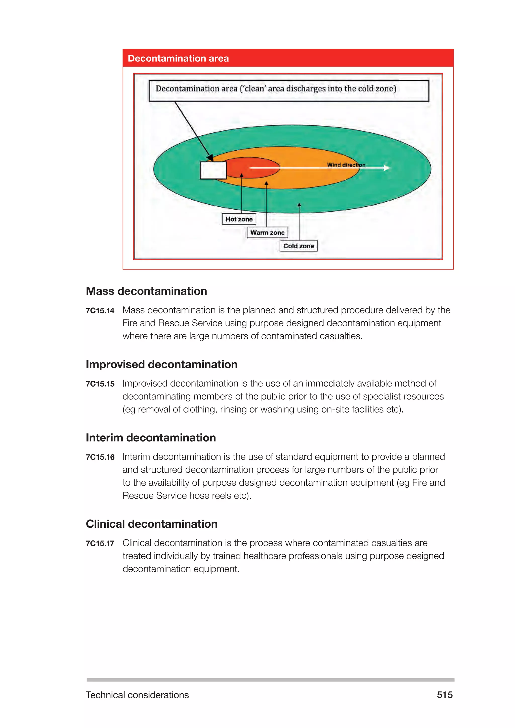 Technical considerations 515 
Decontamination area 
Mass decontamination 
7C15.14 Mass decontamination is the planned and structured procedure delivered by the 
Fire and Rescue Service using purpose designed decontamination equipment 
where there are large numbers of contaminated casualties. 
Improvised decontamination 
7C15.15 Improvised decontamination is the use of an immediately available method of 
decontaminating members of the public prior to the use of specialist resources 
(eg removal of clothing, rinsing or washing using on-site facilities etc). 
Interim decontamination 
7C15.16 Interim decontamination is the use of standard equipment to provide a planned 
and structured decontamination process for large numbers of the public prior 
to the availability of purpose designed decontamination equipment (eg Fire and 
Rescue Service hose reels etc). 
Clinical decontamination 
7C15.17 Clinical decontamination is the process where contaminated casualties are 
treated individually by trained healthcare professionals using purpose designed 
decontamination equipment. 
 