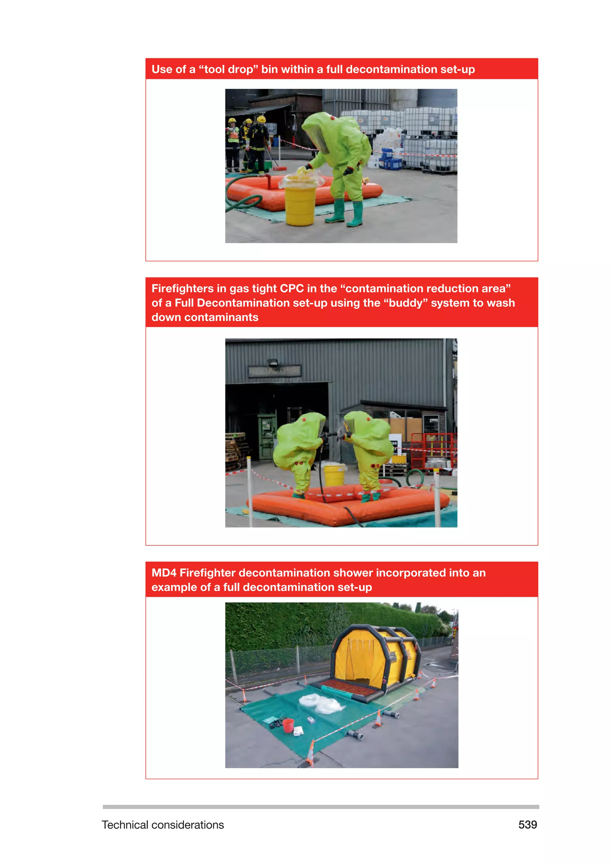 Technical considerations 539 
Use of a “tool drop” bin within a full decontamination set-up 
Firefighters in gas tight CPC in the “contamination reduction area” 
of a Full Decontamination set-up using the “buddy” system to wash 
down contaminants 
MD4 Firefighter decontamination shower incorporated into an 
example of a full decontamination set-up 
 