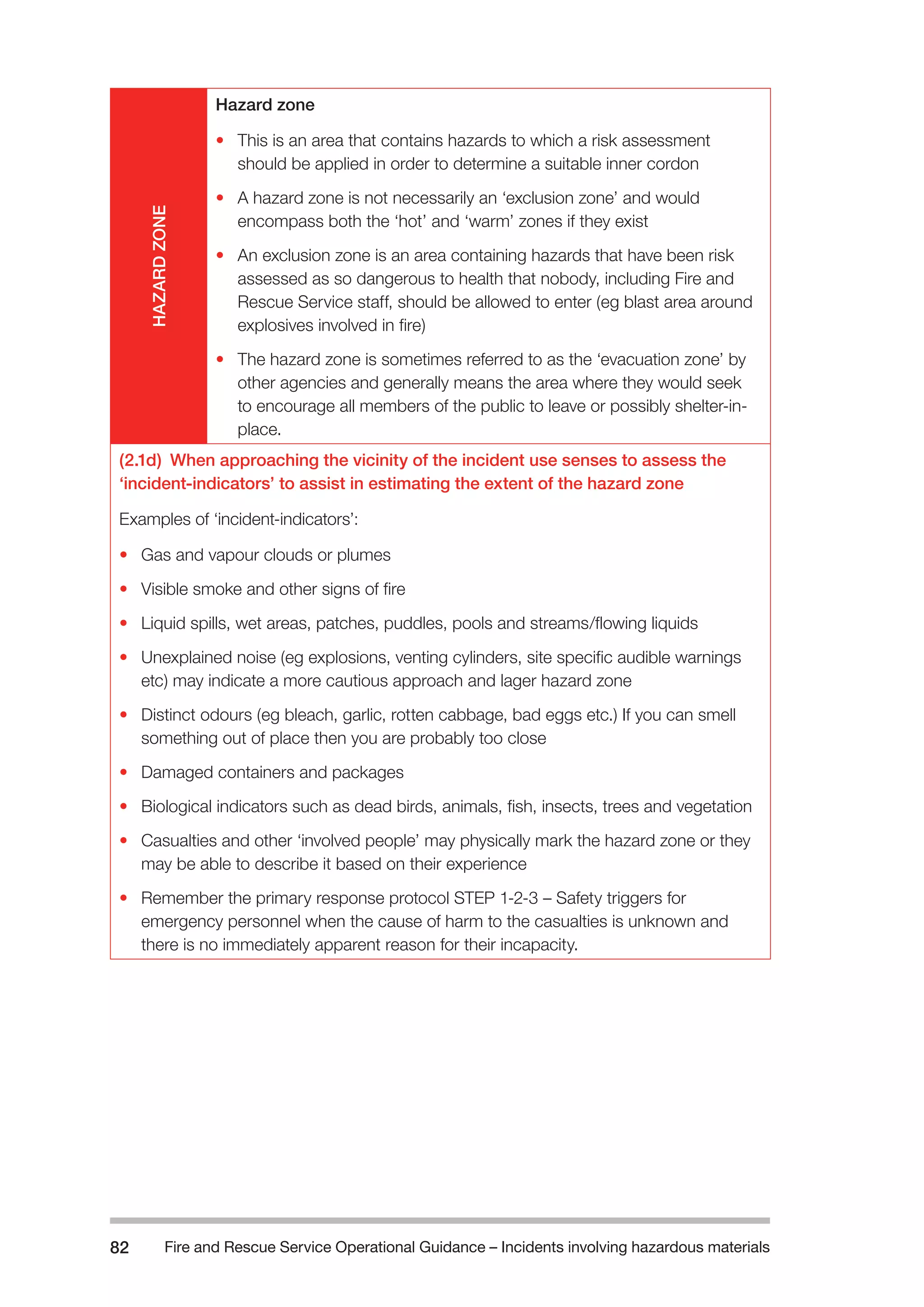 Fire and Rescue Service Operational Guidance – Incidents 82 involving hazardous materials 
HAZARD ZONE 
Hazard zone 
• This is an area that contains hazards to which a risk assessment 
should be applied in order to determine a suitable inner cordon 
• A hazard zone is not necessarily an ‘exclusion zone’ and would 
encompass both the ‘hot’ and ‘warm’ zones if they exist 
• An exclusion zone is an area containing hazards that have been risk 
assessed as so dangerous to health that nobody, including Fire and 
Rescue Service staff, should be allowed to enter (eg blast area around 
explosives involved in fire) 
• The hazard zone is sometimes referred to as the ‘evacuation zone’ by 
other agencies and generally means the area where they would seek 
to encourage all members of the public to leave or possibly shelter-in-place. 
(2.1d) When approaching the vicinity of the incident use senses to assess the 
‘incident-indicators’ to assist in estimating the extent of the hazard zone 
Examples of ‘incident-indicators’: 
• Gas and vapour clouds or plumes 
• Visible smoke and other signs of fire 
• Liquid spills, wet areas, patches, puddles, pools and streams/flowing liquids 
• Unexplained noise (eg explosions, venting cylinders, site specific audible warnings 
etc) may indicate a more cautious approach and lager hazard zone 
• Distinct odours (eg bleach, garlic, rotten cabbage, bad eggs etc.) If you can smell 
something out of place then you are probably too close 
• Damaged containers and packages 
• Biological indicators such as dead birds, animals, fish, insects, trees and vegetation 
• Casualties and other ‘involved people’ may physically mark the hazard zone or they 
may be able to describe it based on their experience 
• Remember the primary response protocol STEP 1-2-3 – Safety triggers for 
emergency personnel when the cause of harm to the casualties is unknown and 
there is no immediately apparent reason for their incapacity. 
 