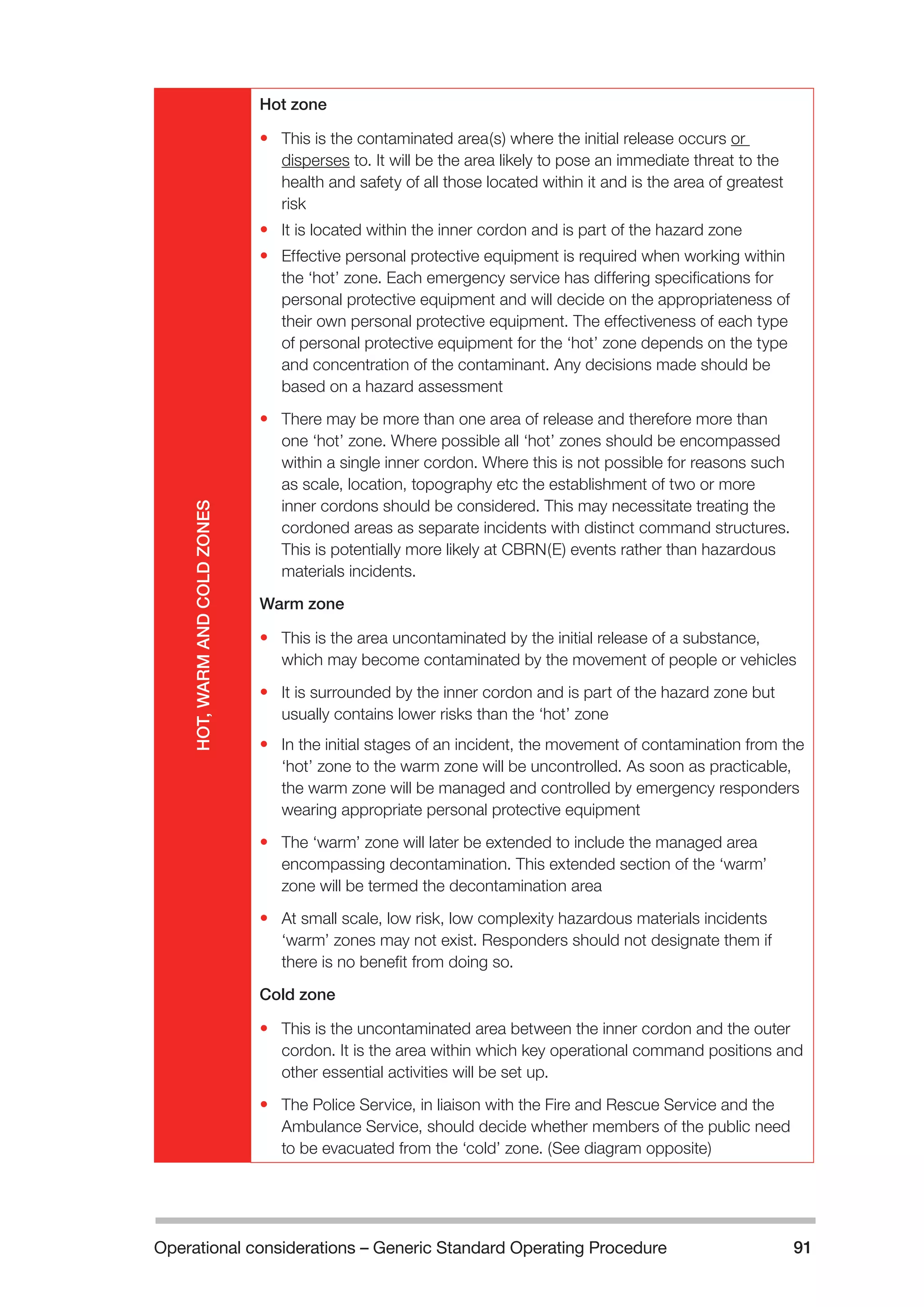 Operational considerations – Generic Standard Operating Procedure 91 
HOT, WARM AND COLD ZONES 
Hot zone 
• This is the contaminated area(s) where the initial release occurs or 
disperses to. It will be the area likely to pose an immediate threat to the 
health and safety of all those located within it and is the area of greatest 
risk 
• It is located within the inner cordon and is part of the hazard zone 
• Effective personal protective equipment is required when working within 
the ‘hot’ zone. Each emergency service has differing specifications for 
personal protective equipment and will decide on the appropriateness of 
their own personal protective equipment. The effectiveness of each type 
of personal protective equipment for the ‘hot’ zone depends on the type 
and concentration of the contaminant. Any decisions made should be 
based on a hazard assessment 
• There may be more than one area of release and therefore more than 
one ‘hot’ zone. Where possible all ‘hot’ zones should be encompassed 
within a single inner cordon. Where this is not possible for reasons such 
as scale, location, topography etc the establishment of two or more 
inner cordons should be considered. This may necessitate treating the 
cordoned areas as separate incidents with distinct command structures. 
This is potentially more likely at CBRN(E) events rather than hazardous 
materials incidents. 
Warm zone 
• This is the area uncontaminated by the initial release of a substance, 
which may become contaminated by the movement of people or vehicles 
• It is surrounded by the inner cordon and is part of the hazard zone but 
usually contains lower risks than the ‘hot’ zone 
• In the initial stages of an incident, the movement of contamination from the 
‘hot’ zone to the warm zone will be uncontrolled. As soon as practicable, 
the warm zone will be managed and controlled by emergency responders 
wearing appropriate personal protective equipment 
• The ‘warm’ zone will later be extended to include the managed area 
encompassing decontamination. This extended section of the ‘warm’ 
zone will be termed the decontamination area 
• At small scale, low risk, low complexity hazardous materials incidents 
‘warm’ zones may not exist. Responders should not designate them if 
there is no benefit from doing so. 
Cold zone 
• This is the uncontaminated area between the inner cordon and the outer 
cordon. It is the area within which key operational command positions and 
other essential activities will be set up. 
• The Police Service, in liaison with the Fire and Rescue Service and the 
Ambulance Service, should decide whether members of the public need 
to be evacuated from the ‘cold’ zone. (See diagram opposite) 
 