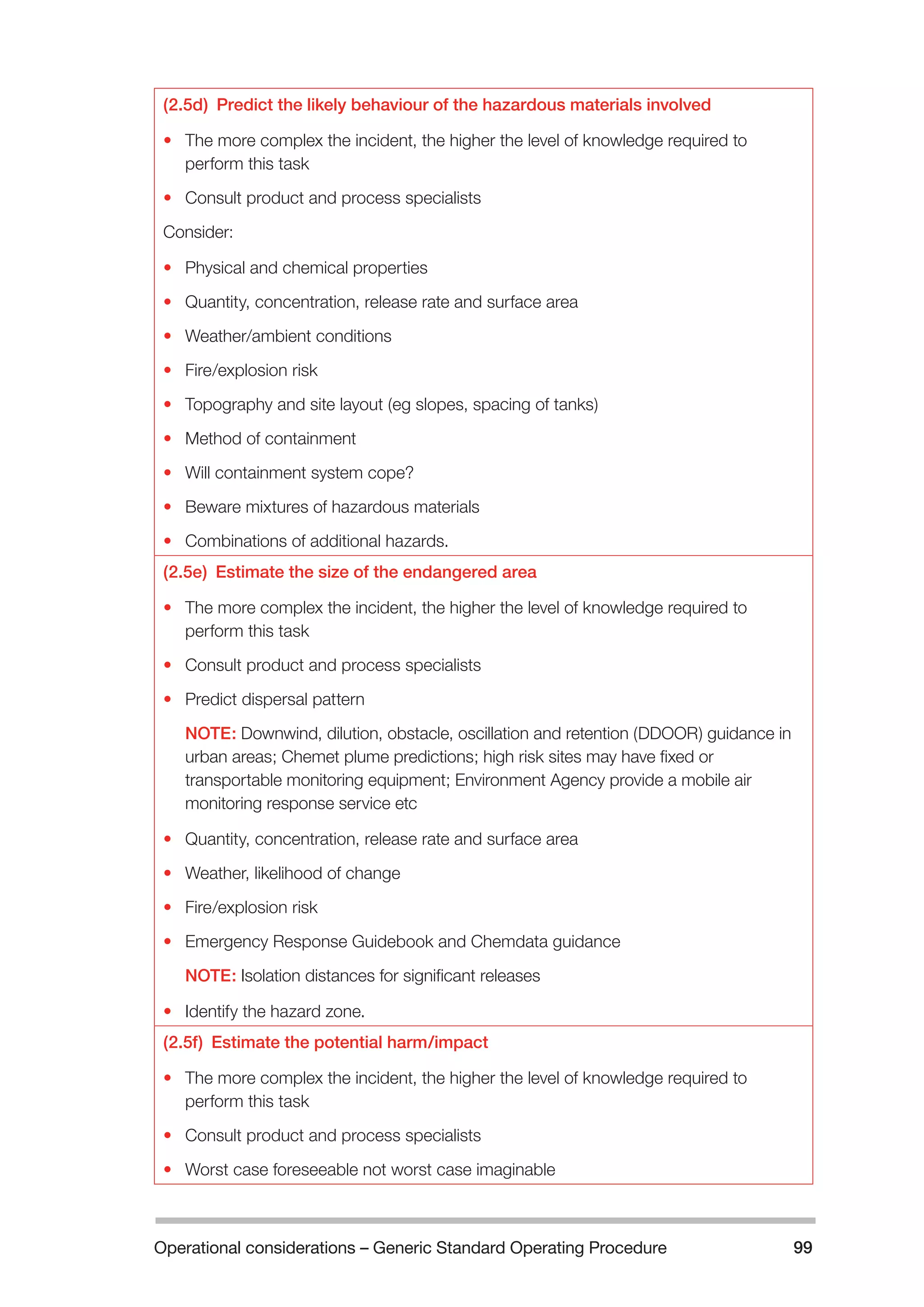Operational considerations – Generic Standard Operating Procedure 99 
(2.5d) Predict the likely behaviour of the hazardous materials involved 
• The more complex the incident, the higher the level of knowledge required to 
perform this task 
• Consult product and process specialists 
Consider: 
• Physical and chemical properties 
• Quantity, concentration, release rate and surface area 
• Weather/ambient conditions 
• Fire/explosion risk 
• Topography and site layout (eg slopes, spacing of tanks) 
• Method of containment 
• Will containment system cope? 
• Beware mixtures of hazardous materials 
• Combinations of additional hazards. 
(2.5e) Estimate the size of the endangered area 
• The more complex the incident, the higher the level of knowledge required to 
perform this task 
• Consult product and process specialists 
• Predict dispersal pattern 
NOTE: Downwind, dilution, obstacle, oscillation and retention (DDOOR) guidance in 
urban areas; Chemet plume predictions; high risk sites may have fixed or 
transportable monitoring equipment; Environment Agency provide a mobile air 
monitoring response service etc 
• Quantity, concentration, release rate and surface area 
• Weather, likelihood of change 
• Fire/explosion risk 
• Emergency Response Guidebook and Chemdata guidance 
NOTE: Isolation distances for significant releases 
• Identify the hazard zone. 
(2.5f) Estimate the potential harm/impact 
• The more complex the incident, the higher the level of knowledge required to 
perform this task 
• Consult product and process specialists 
• Worst case foreseeable not worst case imaginable 
 