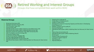 Retired Working and Interest Groups
(Groups that have completed their work within RDA)
14/07/2020 17
Historical Groups
 Brokering Governance WG
 Metadata Standards Directory WG
 PID Information Types WG
 Practical Policy WG
 RDA/World Data System (WDS) Publishing Data Bibliometrics WG
 RDA/World Data System (WDS) Publishing Data Services WG
 Repository Audit and Certification DSA–WDS Partnership WG
 Data Foundations and Terminology WG
 Provenance Patterns WG
 Empirical Humanities Metadata WG
 On-Farm Data Sharing (OFDS) WG
 Persistent Identification of Instruments WG
 RDA/World Data System (WDS) Publishing Data Cost Recovery for Data Centres
WG
 Mapping the Landscape IG
 Preservation e-Infrastructure IG
 Quality of Urban Life IG
 Development of Cloud Computing Capacity and Education in Developing
World Research IG
 Weather, Climate and Air quality IG
 Structural Biology IG
 RDA/World Data System (WDS) Publishing Data Cost Recovery for Data Centres
IG
 Marine Data Harmonization IG
 RDA/World Data System (WDS) Publishing Data IG
 Brokering IG
 Research Data Provenance IG
 Long tail of research data IG
 Data Rescue IG
 Reproducibility IG
rd-alliance.org @resdatall | @rda_europe | @RDA_US
 