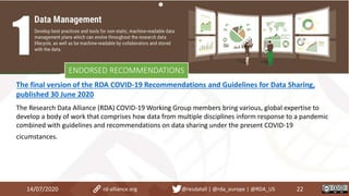14/07/2020 22rd-alliance.org @resdatall | @rda_europe | @RDA_US
ENDORSED RECOMMENDATIONS
The final version of the RDA COVID-19 Recommendations and Guidelines for Data Sharing,
published 30 June 2020
The Research Data Alliance (RDA) COVID-19 Working Group members bring various, global expertise to
develop a body of work that comprises how data from multiple disciplines inform response to a pandemic
combined with guidelines and recommendations on data sharing under the present COVID-19
cicumstances.
 