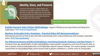 Scalable Dynamic Data Citation Methodology: Supports efficient processing of data and linking from
publications ICT Technical Specification
Machine Actionable Policy Templates - Practical Policy WG Recommendations:
Defining best practices of how to deal with data automatically and in a documented way with computer actionable
policy  ICT Tech specification
The FAIRsharing Registry and Recommendations: Interlinking Standards, Databases and Data Policies: In
this data-driven age, governments, funders and publishers expect greater transparency and reuse of research data, as
well as greater access to and preservation of the data that supports research findings. This requires greater researcher
responsibility for the produced data, which should result in greater confidence in, and the reuse of, existing data.
14/07/2020 38rd-alliance.org @resdatall | @rda_europe | @RDA_US
ENDORSED RECOMMENDATIONS
 