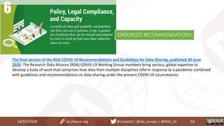 The final version of the RDA COVID-19 Recommendations and Guidelines for Data Sharing, published 30 June
2020: The Research Data Alliance (RDA) COVID-19 Working Group members bring various, global expertise to
develop a body of work that comprises how data from multiple disciplines inform response to a pandemic combined
with guidelines and recommendations on data sharing under the present COVID-19 cicumstances.
14/07/2020 54rd-alliance.org @resdatall | @rda_europe | @RDA_US
ENDORSED RECOMMENDATIONS
 