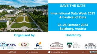 14/07/2020 67rd-alliance.org @resdatall | @rda_europe
SAVE THE DATE
International Data Week 2023
A Festival of Data
23–26 October 2023
Salzburg, Austria
Organised by Hosted by
 