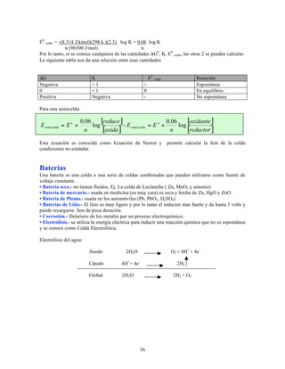 E0 celda = -(8.314 J/kmol)(298 k )(2.3) log K = 0.06 log K
n (96500 J/mol)
n
Por lo tanto, si se conoce cualquiera de las cantidades ΔG0, K, E0 celda, las otras 2 se pueden calcular.
La siguiente tabla nos da una relación entre esas cantidades
E0 celda

K
>1
=1
Negativa

ΔG
Negativa
0
Positiva

Reacción
Espontánea
En equilibrio
No espontánea

+
0
-

Para una semicelda:

E semicelda = E o +

[reduce] E
0.06
[oxidante]
0.06
o
log
log
= semicelda = E +
[reductor ]
n
[oxida]
n

Esta ecuación es conocida como Ecuación de Nernst y
condiciones no estándar.

permite calcular la fem de la celda

Baterías
Una batería es una celda o una serie de celdas combinadas que pueden utilizarse como fuente de
voltaje constante.
• Batería seca.- no tienen fluidos. Ej. La celda de Leclanche ( Zn, MnO2 y amonio)
• Batería de mercurio.- usada en medicina (es muy cara) es seca y hecha de Zn, HgO y ZnO.
• Batería de Plomo.- usada en los automóviles (Pb, PbO2, H2SO4)
• Baterías de Litio.- El litio es muy ligero y por lo tanto el reductor mas fuerte y da hasta 3 volts y
puede recargarse. Son de poca duración.
• Corrosión.- Deterioro de los metales por un proceso electroquímico.
• Electrólisis.- se utiliza la energía eléctrica para inducir una reacción química que no es espontánea
y se conoce como Celda Electrolítica.
Electrólisis del agua:
Ánodo
Cátodo

4H++ 4e-

Global

O2 + 4H+ + 4e-

2H2 O

2H2 O

2H2
2H2 + O2

36

 
