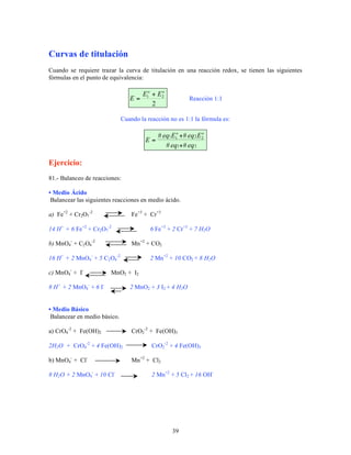 Curvas de titulación
Cuando se requiere trazar la curva de titulación en una reacción redox, se tienen las siguientes
fórmulas en el punto de equivalencia:

E=

o
E1o + E 2
2

Reacción 1:1

Cuando la reacción no es 1:1 la fórmula es:

E=

o
# eq1E1o + # eq 2 E 2
# eq1+ # eq 2

Ejercicio:
81.- Balanceo de reacciones:
• Medio Ácido
Balancear las siguientes reacciones en medio ácido.
a) Fe+2 + Cr2O7-2

Fe+3 + Cr+3

14 H+ + 6 Fe+2 + Cr2O7-2
b) MnO4- + C2 O4-2

6 Fe+3 + 2 Cr+3 + 7 H2 O
Mn +2 + CO2

16 H+ + 2 MnO4- + 5 C2 O4-2
c) MnO4- + I-

2 Mn+2 + 10 CO2 + 8 H2 O

MnO2 + I2

8 H+ + 2 MnO4- + 6 I-

2 MnO2 + 3 I2 + 4 H2O

• Medio Básico
Balancear en medio básico.
a) CrO4-2 + Fe(OH)2
2H2 O + CrO4-2 + 4 Fe(OH)2
b) MnO4- + Cl8 H2 O + 2 MnO4- + 10 Cl-

CrO2-2 + Fe(OH)3
CrO2-2 + 4 Fe(OH)3
Mn +2 + Cl2
2 Mn+2 + 5 Cl2 + 16 OH-

39

 