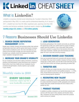 CHEAT SHEET
What is Linkedin?
LinkedIn is a business-oriented social networking site. Founded in December 2002
and launched in May 2003, it is mainly used for professional networking. As of January 1,
2011, LinkedIn had more than 90 million registered users, spanning more than 200
countries and territories worldwide. Quantcast reports Linkedin has 21.4 million
monthly unique U.S. visitors and 47.6 million globally.




7 Reasons Businesses Should Use Linkedin
1. Search engine reputation                                          3. lead generation
   ManageMent (SERM)                                                 By actively participating in the LinkedIn community you will have
                                                                     the opportunity to offer your content with the purpose of helping
Google gives LinkedIn company and personal profiles high authority
                                                                     people solve their problems. If your white paper helps answer
and generally ranks them well for queries that include a company
                                                                     someone’s question in a group forum then provide a link to your
name, brand or employee’s name. The more real estate you can
                                                                     white paper download. LinkedIn users that download your white
control on the first page of Google, the more insurance you have
                                                                     paper are now in your lead nurturing campaign.
to protect your company, brand and employees from search
engine reputation management issues.
                                                                     4. deciSion Maker lead tracking
2. increaSe your brand’S viSibility                                  Once you’ve generated leads and connected with decision makers
                                                                     on LinkedIn, they may move to another company. As these contacts
By your employees and executives adding connections, answering
                                                                     change jobs or switch careers, you’ll be able to track where they go and
questions and participating in group discussions your company’s
                                                                     reach out to them at their new company, generating yet another lead.
brand will be much more visible and your employees may be
considered thought leaders, industry experts or go-to people
in your industry.                                                    5. targeted adS
                                                                     LinkedIn will allow you to place text ads in front of the individuals
                                                                     whom you’d consider to be the most qualified prospects – i.e. CEOs,
Monthly visits in 2010                                               CFOs, Human Resource Executives, etc. You can target them even
                                                                     more by choosing specific industries.

1000M
            EvEry sEcond                                             6. recruiting new talent
            someone signs-up for a                                   LinkedIn is a great place to find highly-qualified future employees.
 800M                                                                It is easily searched via keyword, profile, geography and company.
            new LinkedIn account.                                    Studies show that LinkedIn decreases the time it takes to fill a
                                                                     position by 50%.
 600M
                                                                     7. product Feature
                                                                     In addition to profiles, companies can now list their products and
 400M
                                                                     services with links back to their websites and YouTube videos.
                                                                     Also, companies can have existing clients review their products
 200M January 2010                            December 2010          and/or services on LinkedIn.
 