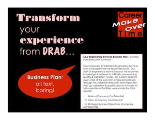 Transform
your
experience
from DRAB… C&V Engineering Services Business Plan – excerpt
from Executive Summary
Commissioning & Validation Engineering Services
is an invaluable internal Abbott resource. Our
staff of engineers & technicians has the expertise,
knowledge & network to fulfill all commissioning,
quality & validation needs. We support projects
every step of the way from engineering design
through the validation lifecycle; from inspection,
start-up, validation & qualification to turnover of
fully operational facilities, we provide the total
solution.
1.1 Mission (Company Confidential)
1.2 Vision (Company Confidential)
1.3 Strategic Business Objectives (Company
Confidential)
Business Plan:
all text,
boring!
 
