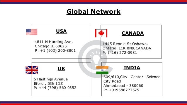 Global Network
USA
4811 N Harding Ave,
Chicago IL 60625
P: +1 (903) 200-8801
CANADA
1445 Rennie St Oshawa,
Ontario, L1K 0N9,CANADA
P: (416) 272-0981
INDIA
609/610,City Center Science
City Road
Ahmedabad - 380060
P: +919586777575
UK
6 Hastings Avenue
Ilford , IG6 1DZ
P: +44 (798) 560 0352
 
