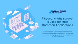7 Reasons Why Laravel
is Used for Most
Common Applications
If you're looking for a Laravel application development
company, consider Dream Cyber Infoway - we have years
of experience developing high-quality Laravel applications
for various businesses.
 