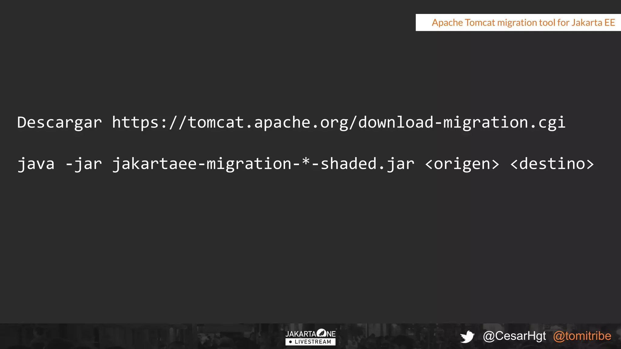 @CesarHgt @tomitribe
Apache Tomcat migration tool for Jakarta EE
Descargar https://tomcat.apache.org/download-migration.cgi
java -jar jakartaee-migration-*-shaded.jar <origen> <destino>
 