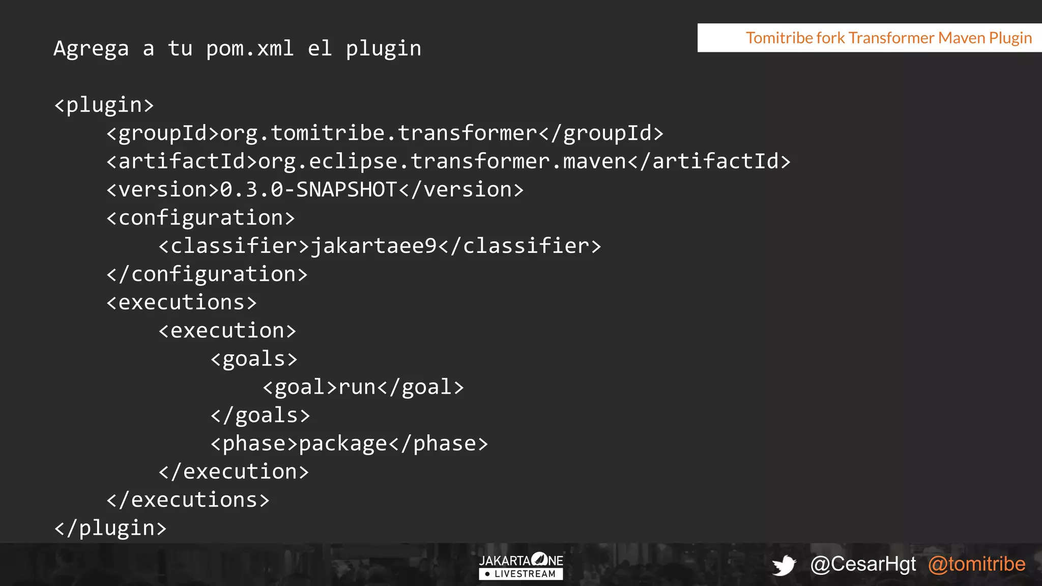 @CesarHgt @tomitribe
Tomitribe fork Transformer Maven Plugin
Agrega a tu pom.xml el plugin
<plugin>
<groupId>org.tomitribe.transformer</groupId>
<artifactId>org.eclipse.transformer.maven</artifactId>
<version>0.3.0-SNAPSHOT</version>
<configuration>
<classifier>jakartaee9</classifier>
</configuration>
<executions>
<execution>
<goals>
<goal>run</goal>
</goals>
<phase>package</phase>
</execution>
</executions>
</plugin>
 