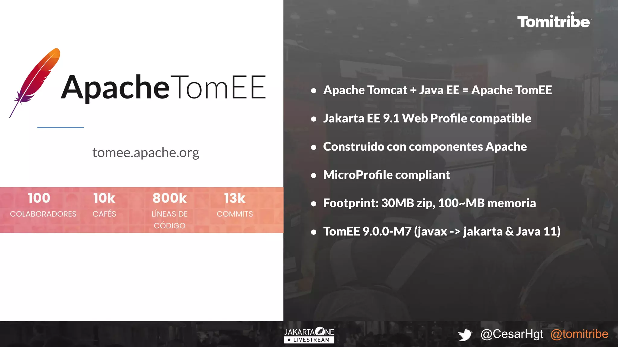 @CesarHgt @tomitribe
● Apache Tomcat + Java EE = Apache TomEE
● Jakarta EE 9.1 Web Proﬁle compatible
● Construido con componentes Apache
● MicroProﬁle compliant
● Footprint: 30MB zip, 100~MB memoria
● TomEE 9.0.0-M7 (javax -> jakarta & Java 11)
tomee.apache.org
 