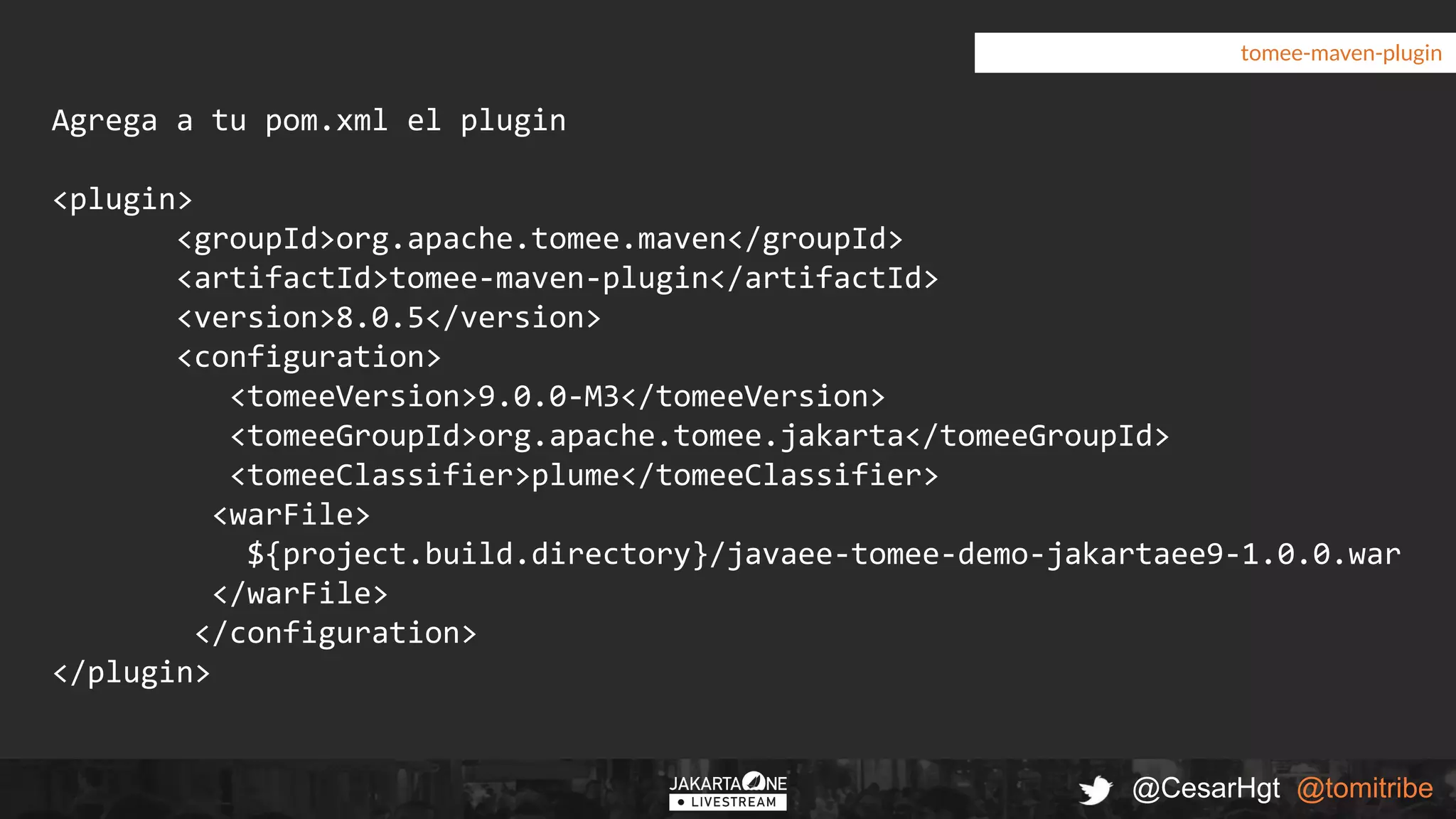 @CesarHgt @tomitribe
tomee-maven-plugin
Agrega a tu pom.xml el plugin
<plugin>
<groupId>org.apache.tomee.maven</groupId>
<artifactId>tomee-maven-plugin</artifactId>
<version>8.0.5</version>
<configuration>
<tomeeVersion>9.0.0-M3</tomeeVersion>
<tomeeGroupId>org.apache.tomee.jakarta</tomeeGroupId>
<tomeeClassifier>plume</tomeeClassifier>
<warFile>
${project.build.directory}/javaee-tomee-demo-jakartaee9-1.0.0.war
</warFile>
</configuration>
</plugin>
 