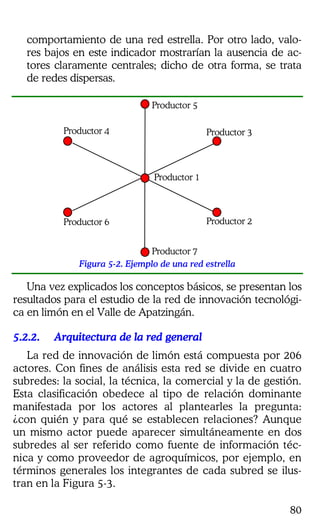 80
comportamiento de una red estrella. Por otro lado, valo-
res bajos en este indicador mostrarían la ausencia de ac-
tores claramente centrales; dicho de otra forma, se trata
de redes dispersas.
Productor 4
Productor 5
Productor 1
Productor 7
Productor 6
Productor 3
Productor 2
Figura 5-2. Ejemplo de una red estrella
Una vez explicados los conceptos básicos, se presentan los
resultados para el estudio de la red de innovación tecnológi-
ca en limón en el Valle de Apatzingán.
5.2.2.5.2.2.5.2.2.5.2.2. Arquitectura de la red generalArquitectura de la red generalArquitectura de la red generalArquitectura de la red general
La red de innovación de limón está compuesta por 206
actores. Con fines de análisis esta red se divide en cuatro
subredes: la social, la técnica, la comercial y la de gestión.
Esta clasificación obedece al tipo de relación dominante
manifestada por los actores al plantearles la pregunta:
¿con quién y para qué se establecen relaciones? Aunque
un mismo actor puede aparecer simultáneamente en dos
subredes al ser referido como fuente de información téc-
nica y como proveedor de agroquímicos, por ejemplo, en
términos generales los integrantes de cada subred se ilus-
tran en la Figura 5-3.
 