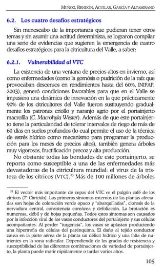 MUÑOZ, RENDÓN, AGUILAR, GARCÍA Y ALTAMIRANO
105
6.2. Los cuatro desafíos estratégicos
Sin menoscabo de la importancia que pudieran tener otros
temas y sin asumir una actitud determinista, se lograron compilar
una serie de evidencias que sugieren la emergencia de cuatro
desafíos estratégicos para la citricultura del Valle, a saber:
6.2.1.6.2.1.6.2.1.6.2.1. Vulnerabilidad al VTCVulnerabilidad al VTCVulnerabilidad al VTCVulnerabilidad al VTC
La existencia de una ventana de precios altos en invierno, así
como enfermedades (como la gomósis o pudrición de la raíz que
provocaban descensos en rendimientos hasta del 60%, INIFAP,
2003), generó condiciones favorables para que en el Valle se
impusiera una dinámica de innovación en la que prácticamente
90% de los citricultores del Valle fueron sustituyendo gradual-
mente los patrones criollo y naranjo agrio por el portainjerto
macrofila (C. Macrohyla Wester). Además de que este portainjer-
to tiene la particularidad de tolerar intervalos de riego de más de
60 días en suelos profundos (lo cual permite el uso de la técnica
de estrés hídrico como mecanismo para programar la produc-
ción para los meses de precios altos), también genera árboles
muy vigorosos, fructificación precoz y alta producción.
No obstante todas las bondades de este portainjerto, se
reporta como susceptible a una de las enfermedades más
devastadoras de la citricultura mundial: el virus de la tris-
teza de los cítricos (VTC).23
Más de 100 millones de árboles
23
El vector más importante de cepas del VTC es el pulgón café de los
cítricos (T. Citricida). Los primeros síntomas externos de las plantas afecta-
das son hojas de coloración verde opaco y “abarquilladas”, clorosis de la
nervadura central, consistencia coreácea y defoliación. La brotación es
numerosa, débil y de hojas pequeñas. Todos estos síntomas son causados
por la infección viral de los vasos conductores del portainjerto y sus células
acompañantes. Al perder “turgencia”, los vasos se aplastan produciendo
una hipertrofia de células del parénquima. El daño al tejido conductor
causa en la parte aérea de la planta un déficit hídrico y una falta de nu-
trientes en la zona radicular. Dependiendo de los grados de resistencia y
susceptibilidad de las diferentes combinaciones de variedad de portainjer-
to, la planta puede morir rápidamente o tardar varios años.
 