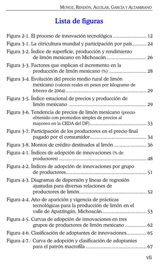 MUÑOZ, RENDÓN, AGUILAR, GARCÍA Y ALTAMIRANO
vii
Lista de figuras
Figura 2-1. El proceso de innovación tecnológica ......................... 12
Figura 3-1. La citricultura mundial y participación por país........... 24
Figura 3-2. Índice de superficie, producción y rendimiento
de limón mexicano en Michoacán.............................. 26
Figura 3-3. Factores que explican el incremento en la
producción de limón mexicano (%) ............................ 28
Figura 3-4. Evolución del precio medio rural de limón
mexicano (valores reales en pesos por kilogramo de
febrero de 2004)............................................................ 29
Figura 3-5. Índice estacional de precios y producción de
limón mexicano .......................................................... 29
Figura 3-6. Tendencia de precios de limón mexicano (precio
obtenido con promedios simples de precios al
mayoreo en la CEDA del DF).......................................... 33
Figura 3-7. Participación de los productores en el precio final
pagado por el consumidor.......................................... 34
Figura 3-8. Montos de crédito destinados al limón ........................ 36
Figura 4-1. Índices de adopción de innovaciones (% de
productores) ................................................................. 48
Figura 4-2. Índices de adopción de innovaciones por grupo
de productores............................................................ 51
Figura 4-3. Diagramas de dispersión y líneas de regresión
ajustadas para diversas relaciones de
productores de limón.................................................. 52
Figura 4-4. Año de aparición y vigencia de prácticas
tecnológicas para la producción de limón en el
valle de Apatzingán, Michoacán................................. 53
Figura 4-5. Curvas de adopción de innovaciones en tres
grupos de productores de limón mexicano ................ 62
Figura 4-6. Clasificación de adoptantes de innovaciones............... 65
Figura 4-7.- Curva de adopción y clasificación de adoptantes
para el patrón macrofila ............................................. 67
 