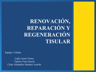 Equipo: Células
Lady Laura Torres
Valeria Vara García
César Alejandro Jiménez Aroche
RENOVACIÓN,
REPARACIÓN Y
REGENERACIÓN
TISULAR
 