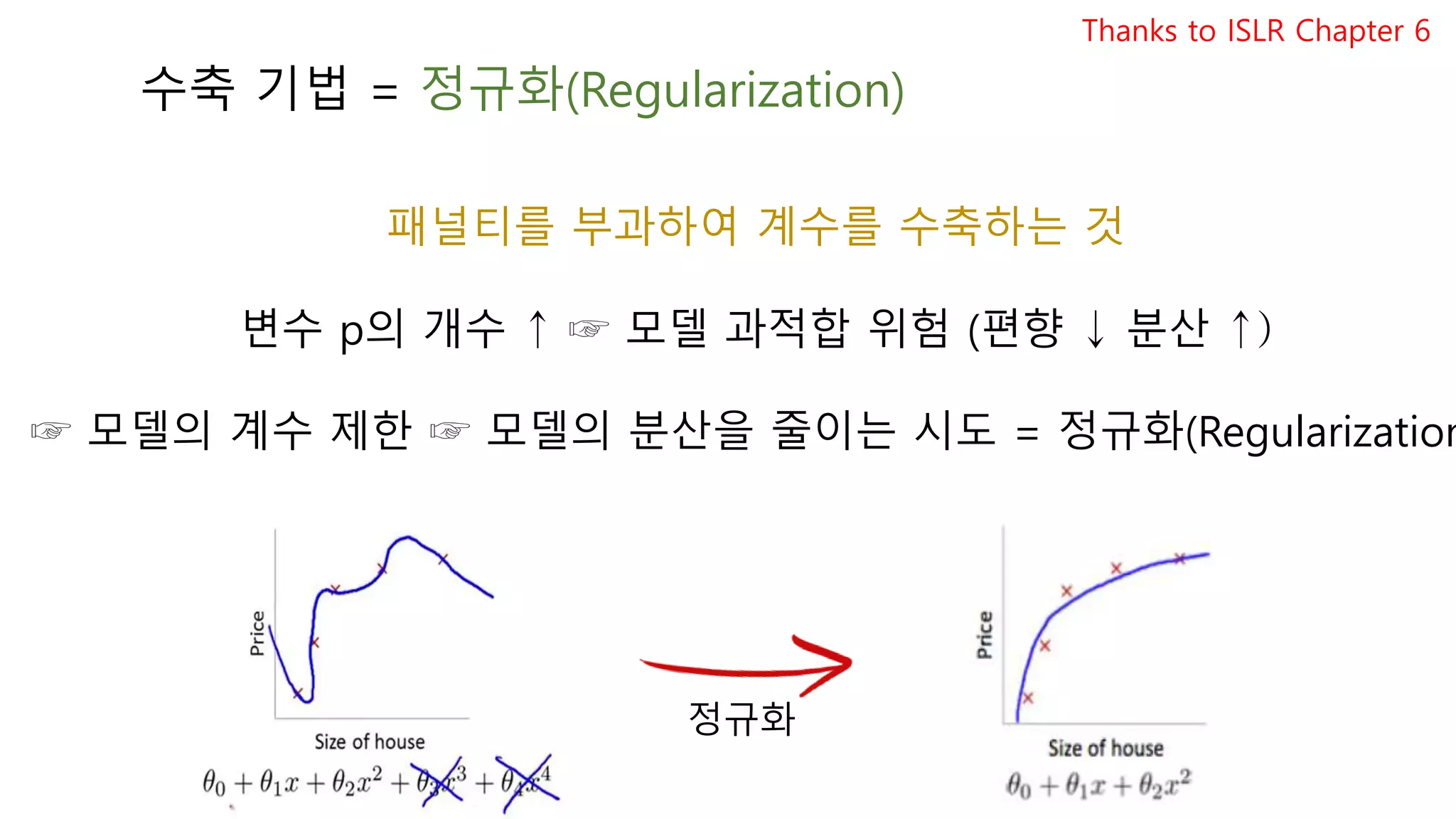 수축 기법 = 정규화(Regularization)
패널티를 부과하여 계수를 수축하는 것
변수 p의 개수 ↑ ☞ 모델 과적합 위험 (편향 ↓ 분산 ↑)
☞ 모델의 계수 제한 ☞ 모델의 분산을 줄이는 시도 = 정규화(Regularization
정규화
Thanks to ISLR Chapter 6
 