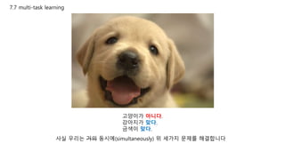 7.7 multi-task learning
고양이가 아니다.
강아지가 맞다.
금색이 맞다.
사실 우리는 거의 동시에(simultaneously) 위 세가지 문제를 해결합니다
 