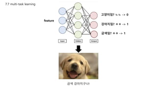 7.7 multi-task learning
feature
고양이임? ㄴㄴ -> 0
강아지임? ㅇㅇ -> 1
금색임? ㅇㅇ -> 1
금색 강아지구나!
 