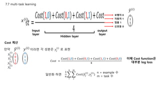 7.7 multi-task learning
Cost 계산
𝑦(𝑖)
1
0
1
0
만약 이라면𝑦(𝑖)
0
1
1
0
𝐶𝑜𝑠𝑡 =
𝐶𝑜𝑠𝑡 1,0 + 𝐶𝑜𝑠𝑡 0,1 + 𝐶𝑜𝑠𝑡 1,1 + 𝐶𝑜𝑠𝑡 0,0
4
이때 Cost function은
대부분 log loss
𝑦1
(𝑖)
𝑦2
(𝑖)
𝑦3
(𝑖)
𝑦4
(𝑖)
각 성분은 𝑦𝑗
(𝑖)
로 표현
1
𝑛
𝑖
𝑛
𝑗
𝑚
𝐶𝑜𝑠𝑡( 𝑦𝑗
(𝑖)
, 𝑦𝑗
(𝑖)
)
n = example 수
m = task 수일반화 하면
보행자 0
자동차 1
멈춤 1
신호등 0
𝑦(𝑖)
0
1
1
0
Input
layer
output
layer
Hidden layer
𝑥(𝑖)
 
