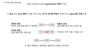 7.7 multi-task learning
Multi-task learning이 regularization 방법인 이유
경욱 연준
경욱의 특징 :
아무리 심한 말을 해도 다 받아줌
다빈 연준
다빈의 특징 :
심한 말을 하면 극대노함
각 task 마다 noise 패턴이 다름. 여러 noise 패턴을 동시에 학습을 하려다 보니 general한 모델 탄생
연준의 성격 :
심한 말을 많이 하는 성격이 됨.
다빈과는 친구가 될 수 없음 ㅠㅠ
연준경욱 다빈
두 명의 특징을 다 받아들여 일반적인 성격을 가지게 됨
 