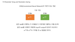 7.9 Parameter Tying and Parameter sharing
CNN(Convolutional Neural Network)의 기반이 되는 개념
기본 가정
𝑤(𝐴) 𝑤(𝐵)
모델A 모델B
같은 task를 수행하는 두 모델(둘 다 고양이를 식별하는 모델) 일 때
같은 task를 수행하기 때문에 input과 output의 분포가 비슷하고
𝑤(𝐴)
와 𝑤(𝐵)
도 가까울 것 or 동일할 것이다.
 