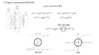 7.10 Sparse representation(희소표현)
𝑧(𝐿−1) = 𝑤(𝐿−1) 𝑥 + 𝑏(𝐿−1)
𝑔 𝑥 ∶ 𝑎𝑐𝑡𝑖𝑣𝑎𝑡𝑖𝑜𝑛 함수
L-2
L-1
L
𝑎(𝐿−1)
= 𝑔(𝑧 𝐿−1
)
𝑧(𝐿) = 𝑤(𝐿) 𝑎(𝐿−1) + 𝑏(𝐿)
𝑎(𝐿)
= 𝑔(𝑧 𝐿
)
𝑎(𝐿−1) = 𝑔 𝑤(𝐿−1) 𝑎(𝐿−2) + 𝑏(𝐿−1)
sigmoid tanh
얘가 희소해짐
 