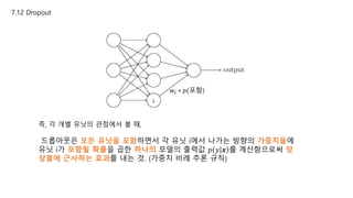 7.12 Dropout
즉, 각 개별 유닛의 관점에서 볼 때,
드롭아웃은 모든 유닛을 포함하면서 각 유닛 i에서 나가는 방향의 가중치들에
유닛 i가 포함될 확률을 곱한 하나의 모델의 출력값 𝑝 𝑦 𝒙 를 계산함으로써 앙
상블에 근사하는 효과를 내는 것. (가중치 비례 추론 규칙)
i
𝑤𝑖 ∗ 𝑝(포함)
 
