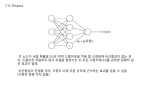 7.12 Dropout
각 노드가 속할 확률을 0.5로 하여 드롭아웃을 적용 할 신경망에 비선형성이 없는 경
우, 드롭아웃 적용하지 않고 모델을 훈련시킨 뒤 모든 가중치에 0.5를 곱하면 정확히 같
은 효과가 발생.
비선형성이 존재할 경우, 가중치 비례 추론 규칙에 근사하는 효과를 얻을 수 있음.
(이론적 증명 아직 없음)
i
𝑤𝑖 ∗ 𝑝(포함)
 