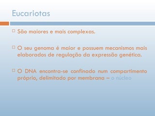 Eucariotas São maiores e mais complexas. O seu genoma é maior e possuem mecanismos mais elaborados de regulação da expressão genética. O DNA encontra-se confinado num compartimento próprio, delimitado por membrana –  o núcleo 