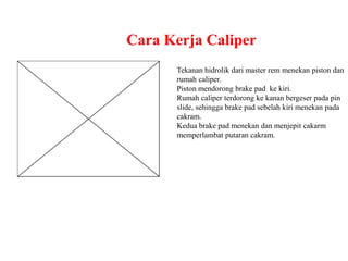 Cara Kerja Caliper
Tekanan hidrolik dari master rem menekan piston dan
rumah caliper.
Piston mendorong brake pad ke kiri.
Rumah caliper terdorong ke kanan bergeser pada pin
slide, sehingga brake pad sebelah kiri menekan pada
cakram.
Kedua brake pad menekan dan menjepit cakarm
memperlambat putaran cakram.
 