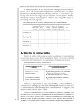 26
Los criterios específicos de evaluación de cada estrategia de resolución tienen
relación con la naturaleza misma del problema. Dentro de estos, un criterio
importante es el de integralidad de la estrategia; con esto se hace alusión a que
las propuestas de solución tengan previsto desarrollar acciones para los distintos
actores implicados y/o afectados por el problema. Así, una posible matriz de
evaluación puede ser la siguiente:
Matriz de evaluación de las estrategias alternativas según cinco criterios generales.
Estrategia “A”
Estrategia “B”
Estrategia “C”
Estrategia “D”
Fortalezas
en las que
se apoya
Criterio de
éxito
(eficacia)
Criterio de
costo/
rentabilidad
Criterio de
dificultad
tecnológica
Criterio de
consenso y
legitimidad
Total
Resolución de problemas: Una metodología de resolución en siete etapas
5. Diseñar la intervención
El diseño de la intervención es la programación cuidadosa y minuciosa de todas
las acciones, roles, recursos, decisiones auxiliares, plazos, instrumentos, métodos
y asesoramientos necesarios para llevar adelante el proceso de mejoramiento.
Diseñar la intervención: objetivos, pasos heurísticos.
Establecer las acciones,
plazos y recursos.
Dividir el trabajo en roles y
delegar responsabilidades.
¿Qué es necesario hacer?
(Objetivo)
¿Cómo se puede llevar a cabo?
(Técnica-Heurísticas)
• Decisiones en relación con las actividades.
• Decisiones relativas a los tiempos.
• Decisiones en relación con los recursos.
• Competencias profesionales requeridas.
• Constitución de los equipos.
Hasta aquí, el problema ha sido comprendido y se han identificado y
seleccionado las estrategias que más efectivamente podían incidir en su resolución.
Es el momento en que esa estrategia debe ser transformada en programa para
la acción, con sus tareas, roles y plazos.
Este es un momento de lo que básicamente se denomina "ingeniería". Las
propuestas de solución han sido progresivamente enriquecidas en su proceso de
discusión, al punto que más que soluciones puntuales tenemos una estrategia, es
decir, un camino de aproximaciones sucesivas que nos permitirá avanzar desde la
situación actual hasta la situación deseada, a través de una serie de logros intermedios.
 