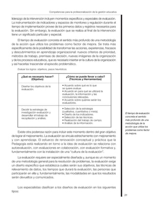 31
Competencias para la profesionalización de la gestión educativa
liderazgo de la intervención incluyen momentos específicos y especiales de evaluación.
La instrumentación de indicadores y espacios de monitoreo y regulación durante el
tiempo de implementación provee de los primeros datos y registros necesarios para
la evaluación. Sin embargo, la evaluación que se realiza al final de la intervención
tiene un significado particular y especial.
El tiempo de evaluación concreta el sentido más profundo de una metodología
de la acción que utiliza los problemas como factor de mejora. Se trata más
específicamente de la posibilidad de transformar las acciones, experiencias, fracasos
y descubrimientos en aprendizaje organizacional: nuevos criterios de prioridad,
métodos de trabajo, premisas de decisión, nuevas imágenes de la organización
y de los procesos educativos, que es necesario insertar en la cultura de la organización
y así hacerlas trascender el episodio problemático.
Evaluar los logros: objetivos, pasos heurísticos.
Diseñar los objetivos de la
evaluación.
Decidir la estrategia de
investigación-evaluación y
desarrollar el trabajo de
recopilación y análisis.
¿Qué es necesario hacer?
(Objetivo)
¿Cómo se puede llevar a cabo?
(Técnicas y Herramientas)
• Acuerdo sobre qué es lo que
se quiere evaluar.
• Acuerdo en para qué se utilizará la
evaluación, la información y las
conclusiones relevadas.
• Acuerdo sobre quiénes serán los
evaluadores.
• Selección de la estrategia
(cualitativa, cuantitativa o mixta).
• Diseño de los indicadores.
• Selección de las técnicas.
• Realización del trabajo de campo.
• Análisis de la información.
Existe otra poderosa razón para incluir este momento dentro del gran objetivo
de lograr el mejoramiento. La evaluación se vincula estrechamente con mejoramiento
y con aprendizaje. El esfuerzo de renovación conceptual y práctica que la
Pedagogía está realizando en torno a la idea de evaluación se relaciona con
autoevaluación, con evaluaciones en colaboración, con evaluación formativa y,
fundamentalmente con la instalación de una “cultura de la evaluación”.
La evaluación requiere ser especialmente diseñada y, aunque es un momento
de una metodología general para la resolución de problemas, la evaluación exige
un diseño específico que establezca cuáles serán sus objetivos, las técnicas de
relevamiento de datos, los tiempos que durará la evaluación, las personas que
participarán en ella y, fundamentalmente, las modalidades en que los resultados
serán devueltos y comunicados.
Los especialistas clasifican a los diseños de evaluación en los siguientes
tipos:
El tiempo de evaluación
concreta el sentido
más profundo de una
metodología de la
acción que utiliza los
problemas como factor
de mejora.
 