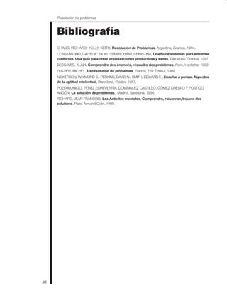 36
Resolución de problemas
Bibliografía
CHANG, RICHARD; KELLY, KEITH, Resolución de Problemas, Argentina, Granica, 1994.
CONSTANTINO, CATHY A.; SICKLES MERCHANT, CHRISTINA, Diseño de sistemas para enfrentar
conflictos. Una guía para crear organizaciones productivas y sanas, Barcelona, Granica, 1997.
DESCAVES, ALAIN, Comprendre des énoncés, résoudre des problèmes, Paris, Hachette, 1992.
FUSTIER, MICHEL, La résolution de problémes, Francia, ESF Éditeur, 1989.
NICKERSON, RAYMOND S.; PERKINS, DAVID N.; SMITH, EDWARD E., Enseñar a pensar. Aspectos
de la aptitud intelectual, Barcelona, Paidós, 1987.
POZO MUNICIO, PÉREZ ECHEVERRÍA, DOMÍNGUEZ CASTILLO, GÓMEZ CRESPO Y POSTIGO
ANGÓN, La solución de problemas, Madrid, Santillana, 1994.
RICHARD, JEAN FRANCOIS, Les Activités mentales. Comprendre, raisonner, trouver des
solutions, Paris, Armand Colin, 1990.
 