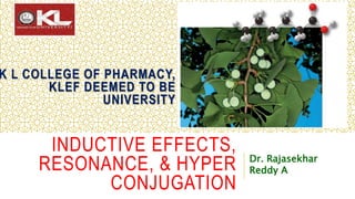 INDUCTIVE EFFECTS,
RESONANCE, & HYPER
CONJUGATION
Dr. Rajasekhar
Reddy A
K L COLLEGE OF PHARMACY,
KLEF DEEMED TO BE
UNIVERSITY
 