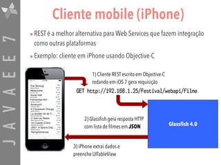 JAVAEE7 Cliente mobile (iPhone)
•REST é a melhor alternativa para Web Services que fazem integração
como outras plataformas
•Exemplo: cliente em iPhone usando Objective-C
GET http://192.168.1.25/festival/webapi/filme
Glassfish 4.0
1) Cliente REST escrito em Objective-C 
rodando em iOS 7 gera requisição
2) Glassfish gera resposta HTTP
com lista de filmes em JSON
3) iPhone extrai dados e
preenche UITableView
 