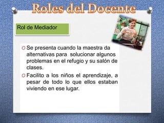 Rol de Mediador
O Se presenta cuando la maestra da
alternativas para solucionar algunos
problemas en el refugio y su salón de
clases.
O Facilito a los niños el aprendizaje, a
pesar de todo lo que ellos estaban
viviendo en ese lugar.
 
